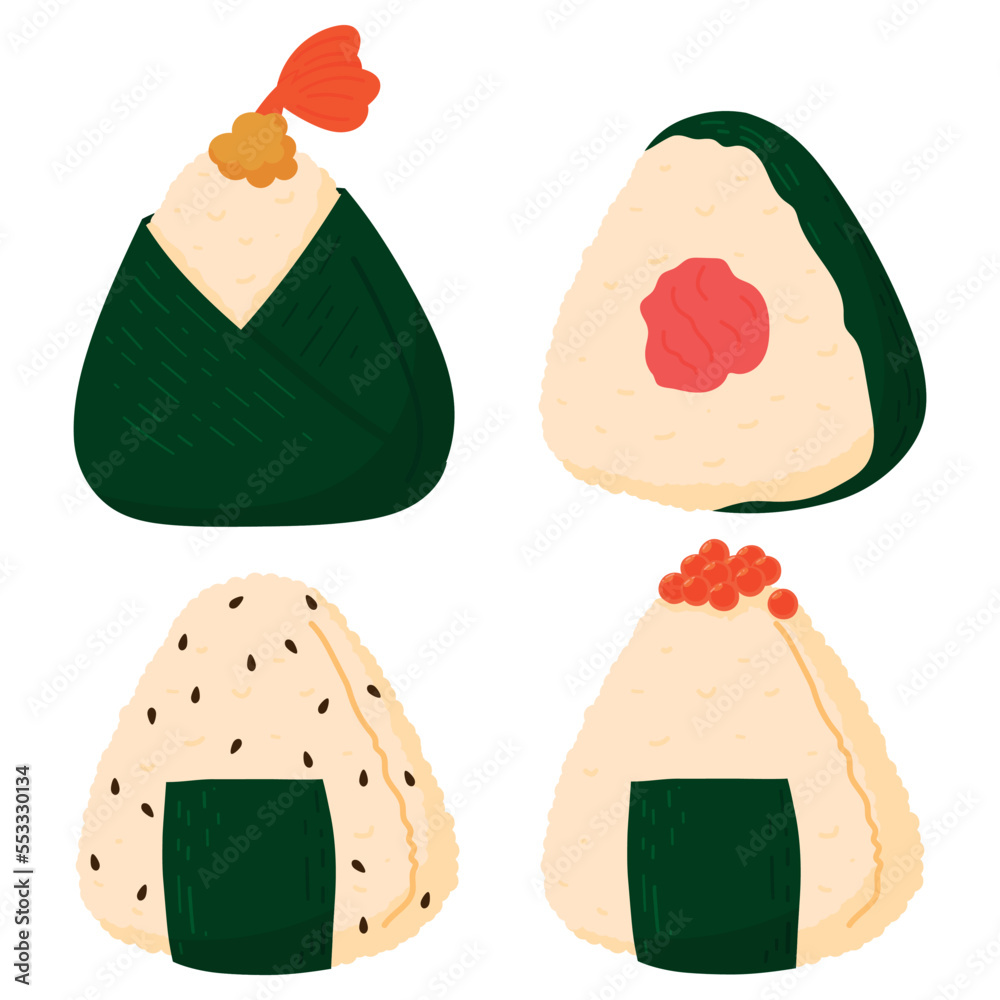 Set of onigiri. Japanese fast food made of rice with stuffing, molded in the form of a triangle in nori seaweed Set of onigiri. Japanese fast food made of rice with stuffing, molded in the form of a triangle in nori seaweed