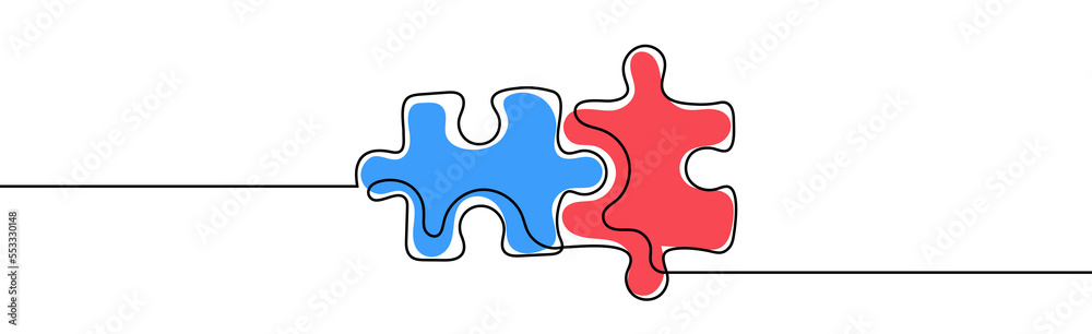 Puzzle one line vector illustration. Blue and red puzzles, continuous hand-drawn design Puzzle one line vector illustration. Blue and red puzzles, continuous hand-drawn design