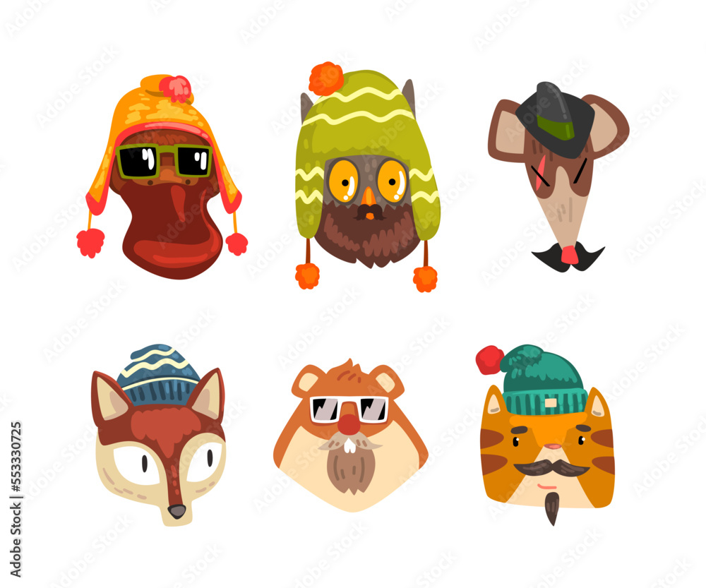 Fototapeta premium Cute Animal Heads Wearing Stylish Headgears and Sunglasses Vector Set