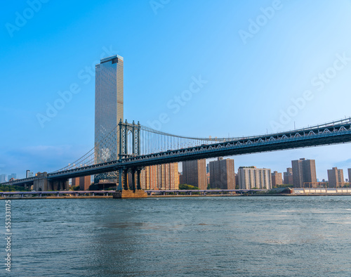 Blue sky over the Manhattan bridge early morning New York
