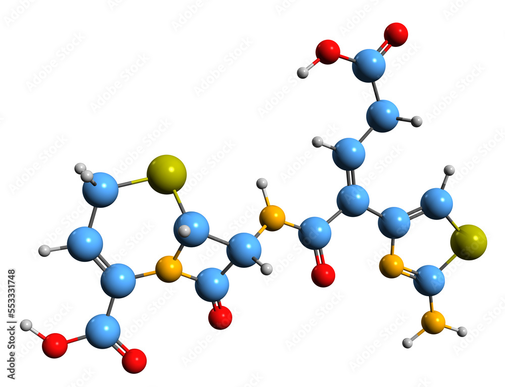  3D image of Ceftibuten fosamil skeletal formula - molecular chemical structure of  cephalosporin antibiotic isolated on white background