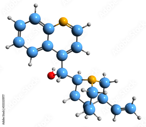  3D image of Cinchonine skeletal formula - molecular chemical structure of alkaloid isolated on white background photo