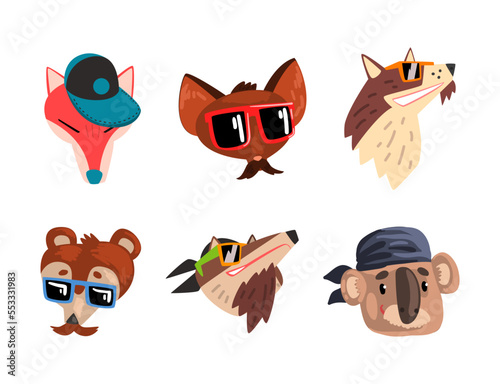 Cute Animal Heads Wearing Stylish Headgears and Sunglasses Vector Set