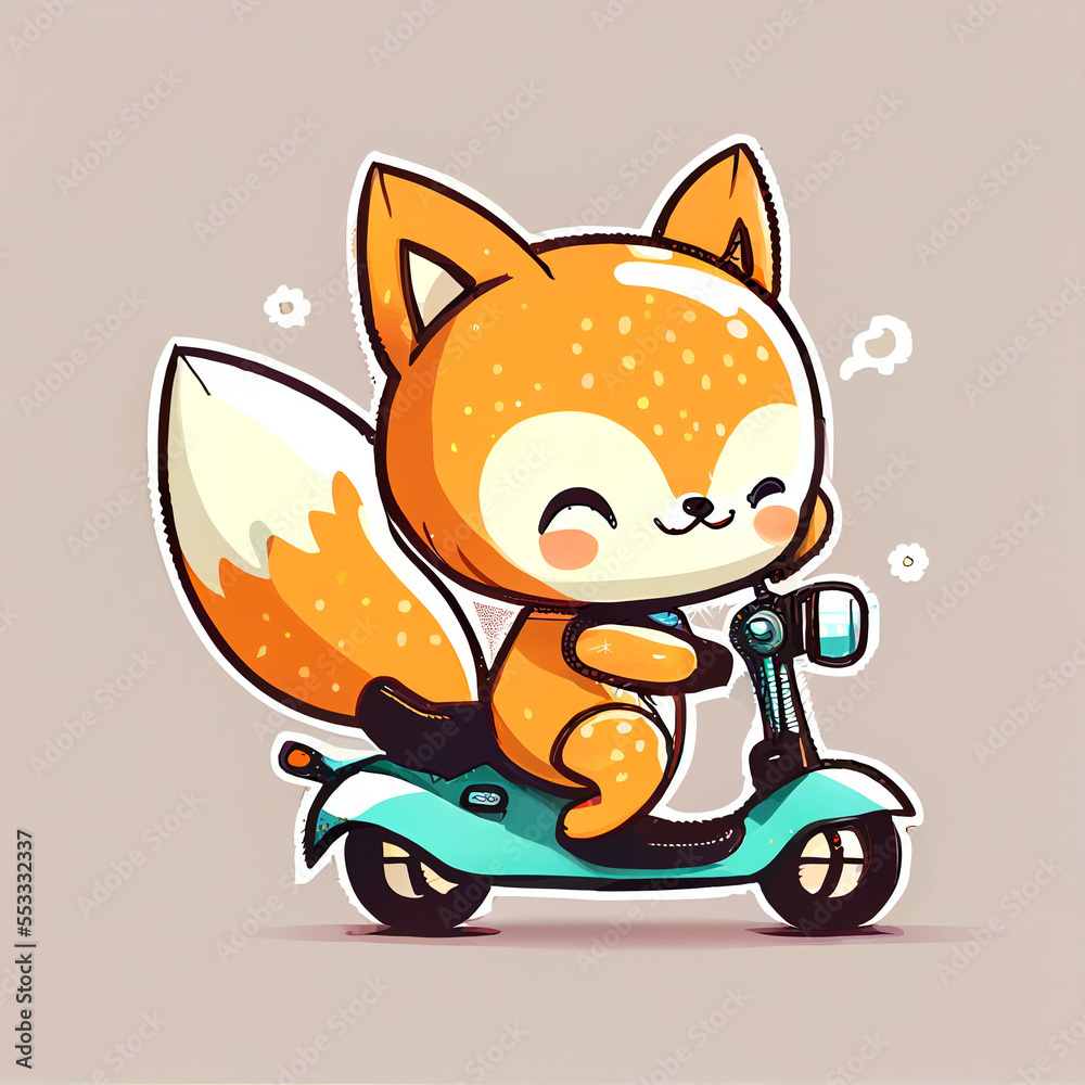 illustration of a red cute fox riding a scooter, generative AI