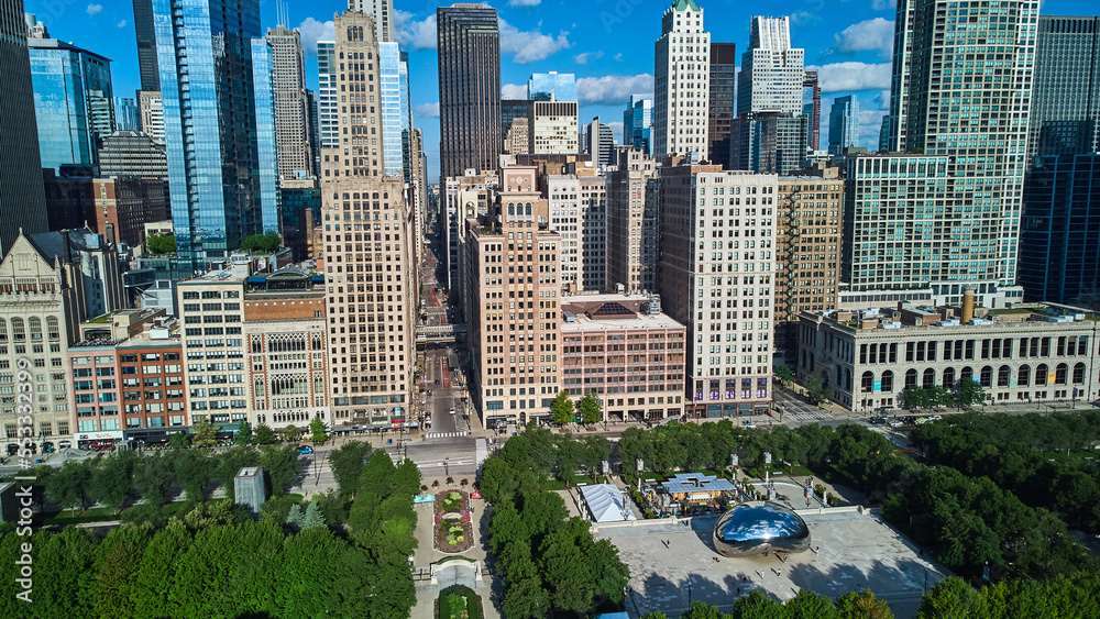 Naklejka premium Chicago aerial view at Millennium Park looking down street and by Cloud Gat The Bean