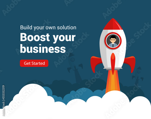 Business startup rocket launch flat vector illustration. Startup space design rocketship innovation product