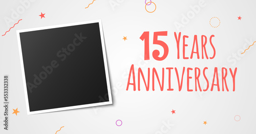 15 years anniversary photo frame card. 15th year anniversary vector elegant template design