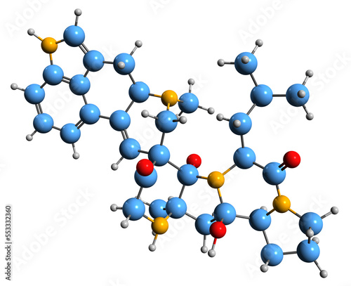  3D image of Ergosine skeletal formula - molecular chemical structure of  ergot alkaloid isolated on white background
 photo