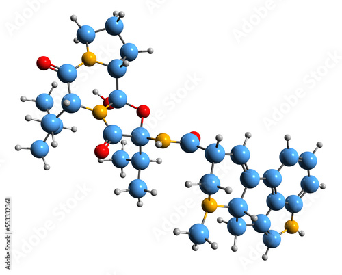  3D image of Ergocryptine skeletal formula - molecular chemical structure of  ergot alkaloid isolated on white background photo