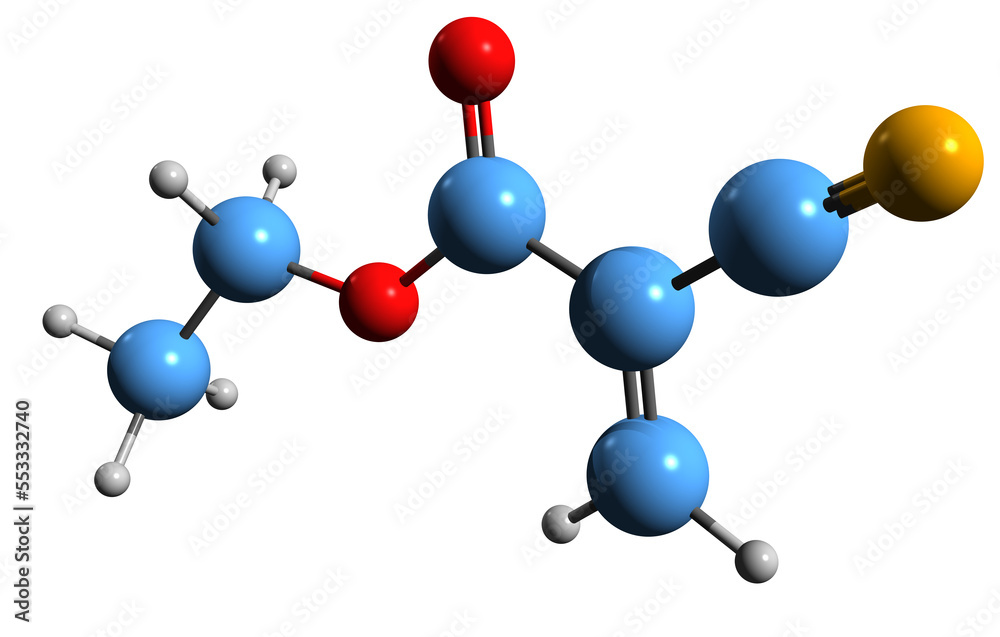 3D image of Ethyl cyanoacrylate skeletal formula molecular chemical
