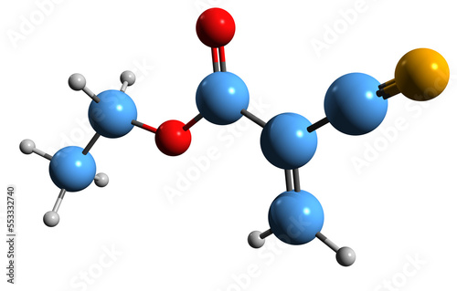  3D image of Ethyl cyanoacrylate skeletal formula - molecular chemical structure of cyanoacrylate ester isolated on white background
 photo