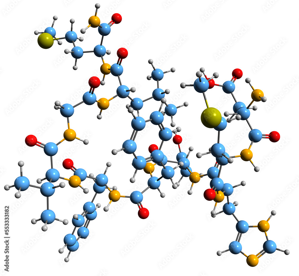 3D image of Neurokinin B skeletal formula - molecular chemical structure of tachykinin peptide NKB isolated on white background 3D image of Neurokinin B skeletal formula - molecular chemical structure of tachykinin peptide NKB isolated on white background