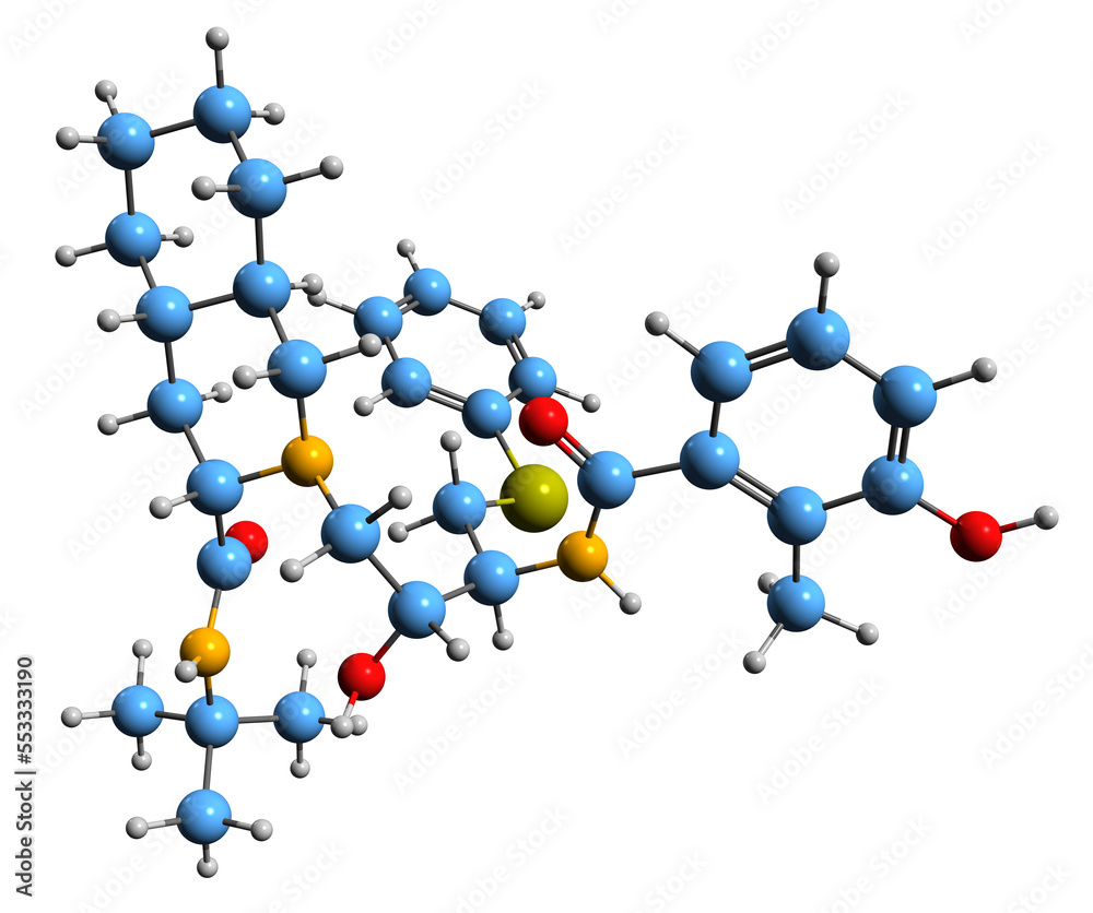 3D image of Nelfinavir skeletal formula - molecular chemical structure of antiviral agent isolated on white background
3D image of Nelfinavir skeletal formula - molecular chemical structure of antiviral agent isolated on white background