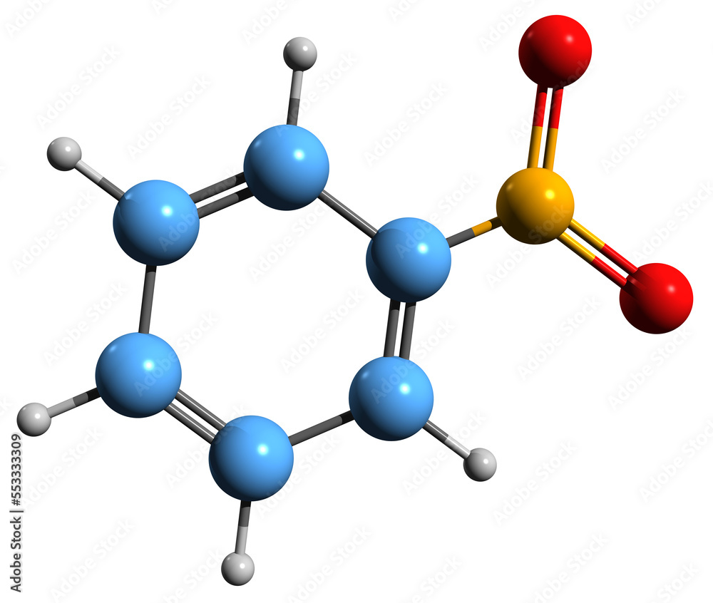 3D image of Nitrobenzene skeletal formula - molecular chemical structure of Oil of mirbane isolated on white background 3D image of Nitrobenzene skeletal formula - molecular chemical structure of Oil of mirbane isolated on white background