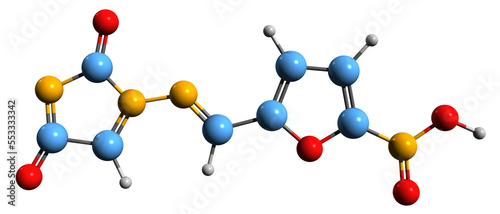  3D image of Nitrofurantoin skeletal formula - molecular chemical structure of  antibacterial medication isolated on white background photo