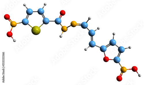  3D image of Nifurzide skeletal formula - molecular chemical structure of Nitrofuran antimicrobial isolated on white background
 photo