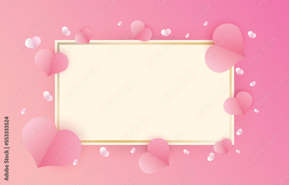 Minimal card Happy Valentine's Day. Papercut heart elements decorate greeting cards in sweet colors. vector illustration bank square paper frame