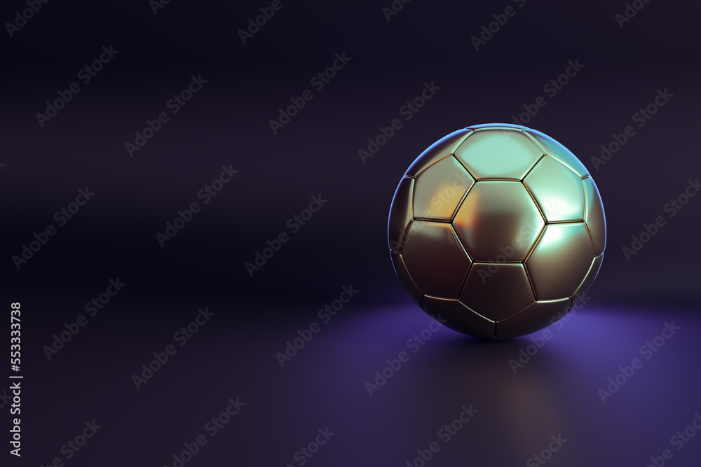 Fototapeta premium golden soccer ball on dark background, 3d rendering, sports background, soccer competition, world cup, Football championship light background. abstract glowing neon colored soccer ball