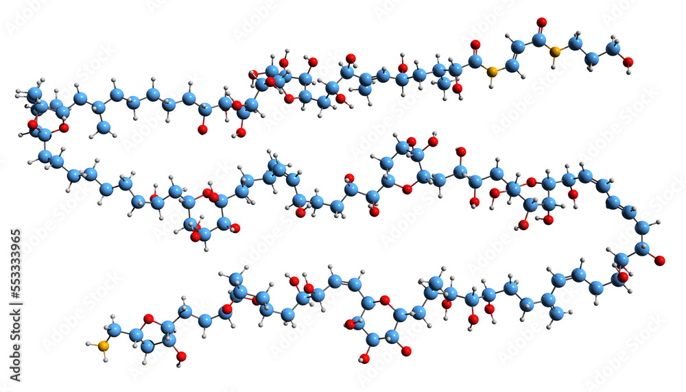 3D image of Palytoxin skeletal formula - molecular chemical structure of toxin vasoconstrictor PLTX isolated on white background
3D image of Palytoxin skeletal formula - molecular chemical structure of toxin vasoconstrictor PLTX isolated on white background