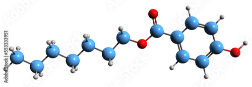  3D image of Heptylparaben skeletal formula - molecular chemical structure of heptyl p-hydroxybenzoate isolated on white background
 photo