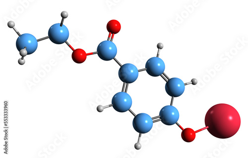  3D image of Etylparaben sodium skeletal formula - molecular chemical structure of ethyl para-hydroxybenzoate isolated on white background photo