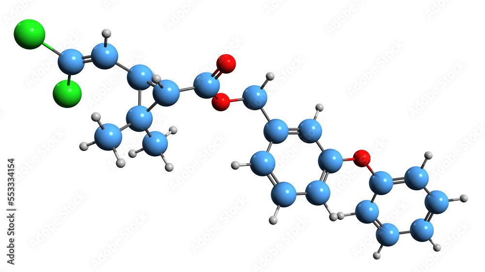 3D image of Permethrin skeletal formula - molecular chemical structure of insecticide isolated on white background
3D image of Permethrin skeletal formula - molecular chemical structure of insecticide isolated on white background