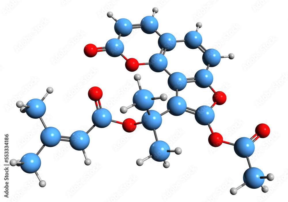 3D image of Peucenidin skeletal formula - molecular chemical structure of furanocoumarin isolated on white background
3D image of Peucenidin skeletal formula - molecular chemical structure of furanocoumarin isolated on white background