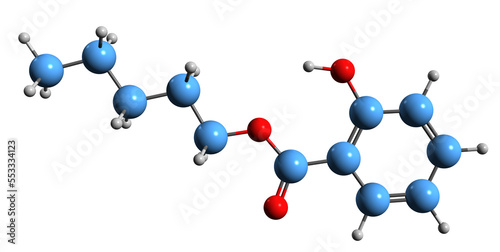  3D image of Amyl salicylate skeletal formula - molecular chemical structure of Pentyl salicylate isolated on white background
 photo