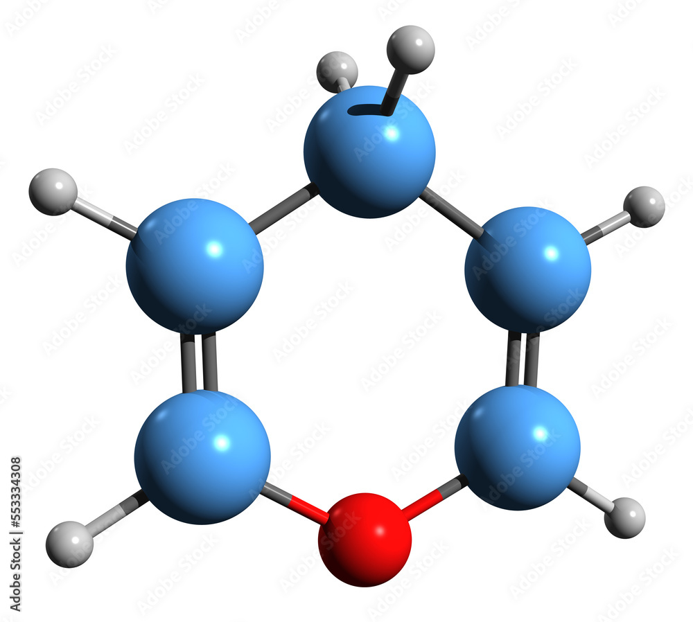 3D image of Pyran skeletal formula - molecular chemical structure of oxine isolated on white background

 