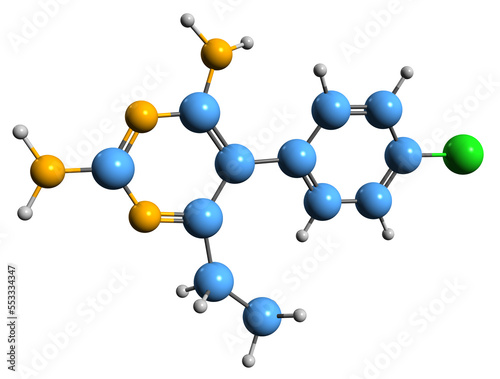  3D image of Pyrimethamine skeletal formula - molecular chemical structure of anti-parasitic medication isolated on white background
 photo