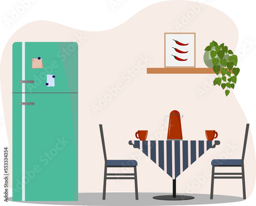 Kitchen corner interior - refrigerator, table and chairs. Vector illustration for advertising and flyers, brochures, booklets.