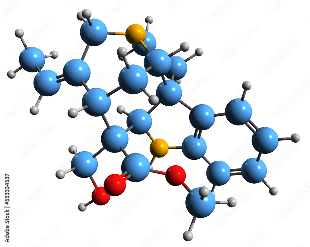 3D image of preacuamycin skeletal formula - molecular chemical structure of indole alkaloid isolated on white background 3D image of preacuamycin skeletal formula - molecular chemical structure of indole alkaloid isolated on white background
