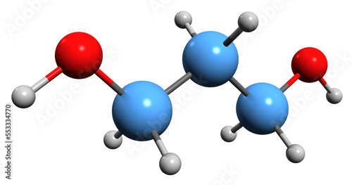  3D image of Propanediol skeletal formula - molecular chemical structure of Trimethylene glycol isolated on white background
 photo