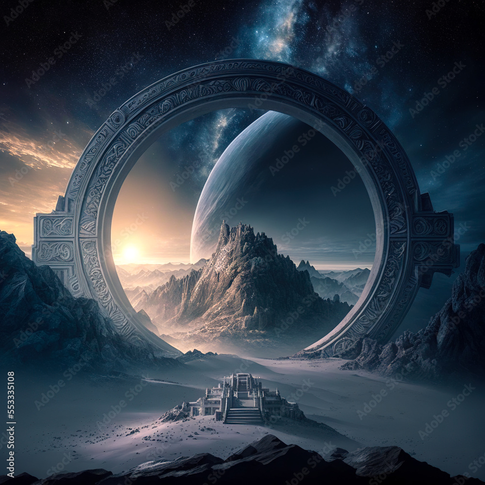 Sci-fi Fantasy landscape Stargate portal with the moon - Fictitious  Generated by Generative Ai Illustration Stock | Adobe Stock