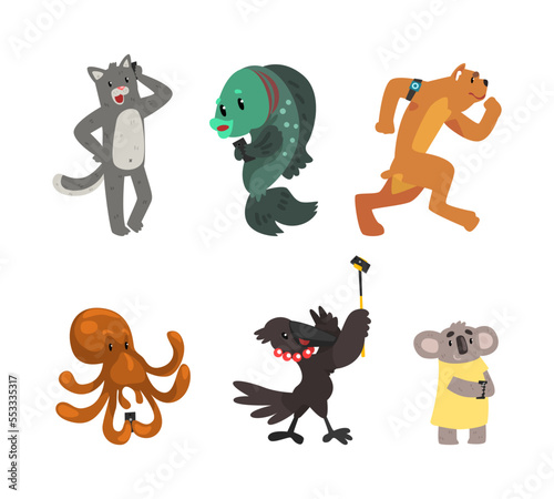 Wild Animals Using Modern Gadgets and Mobile Device Vector Set