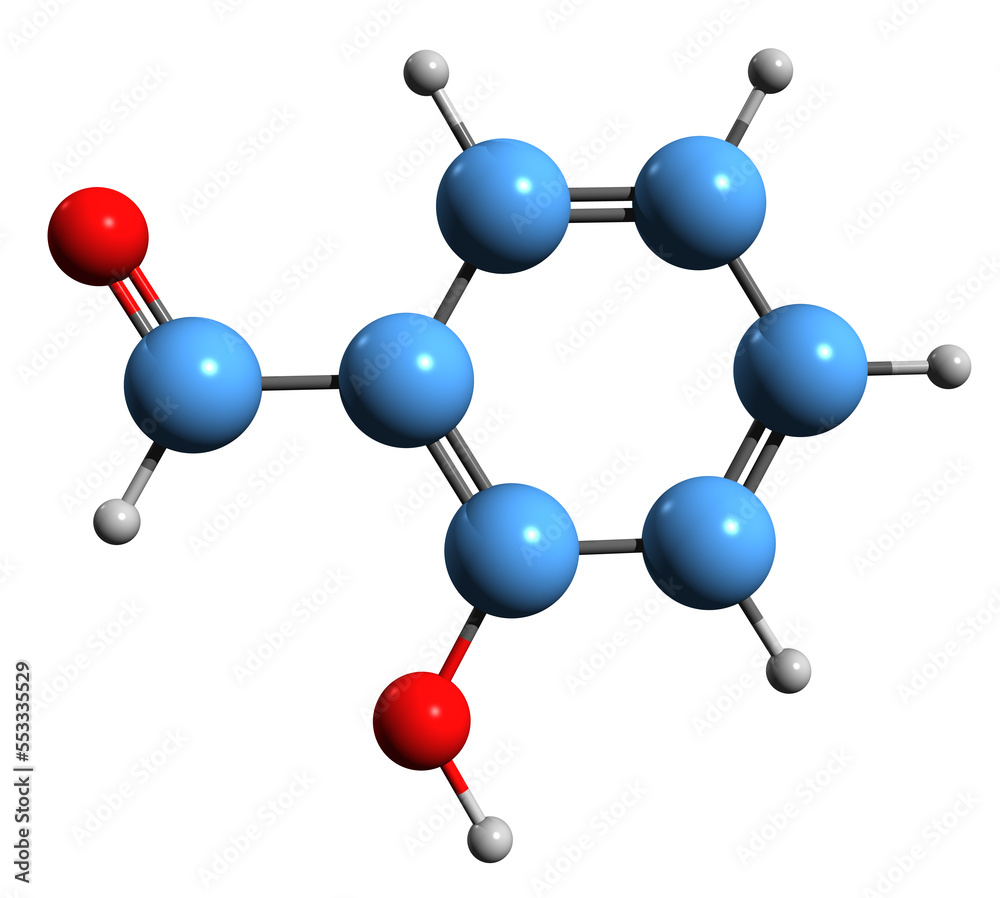 3D image of Salicylaldehyde skeletal formula - molecular chemical structure of 2-Hydroxybenzaldehyde isolated on white background 3D image of Salicylaldehyde skeletal formula - molecular chemical structure of 2-Hydroxybenzaldehyde isolated on white background