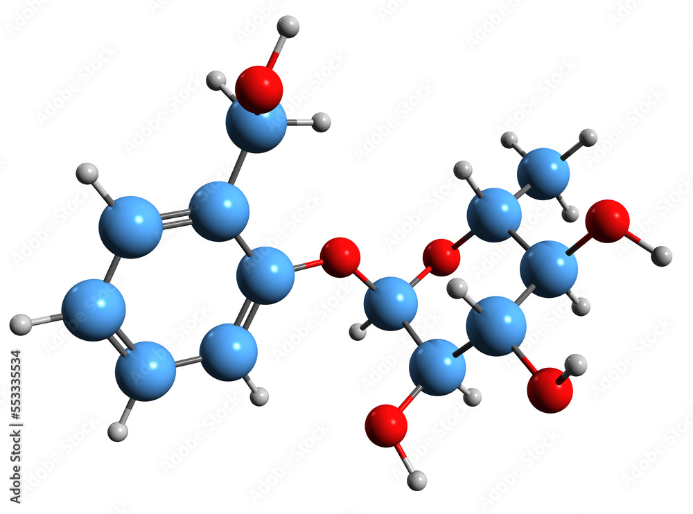 3D image of Salicin skeletal formula - molecular chemical structure of alcoholic beta-glucoside isolated on white background
3D image of Salicin skeletal formula - molecular chemical structure of alcoholic beta-glucoside isolated on white background