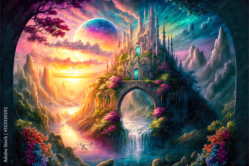 High Fantasy Vibrant Vivid Landscape Castle - Fictitious Generated by Generative Ai