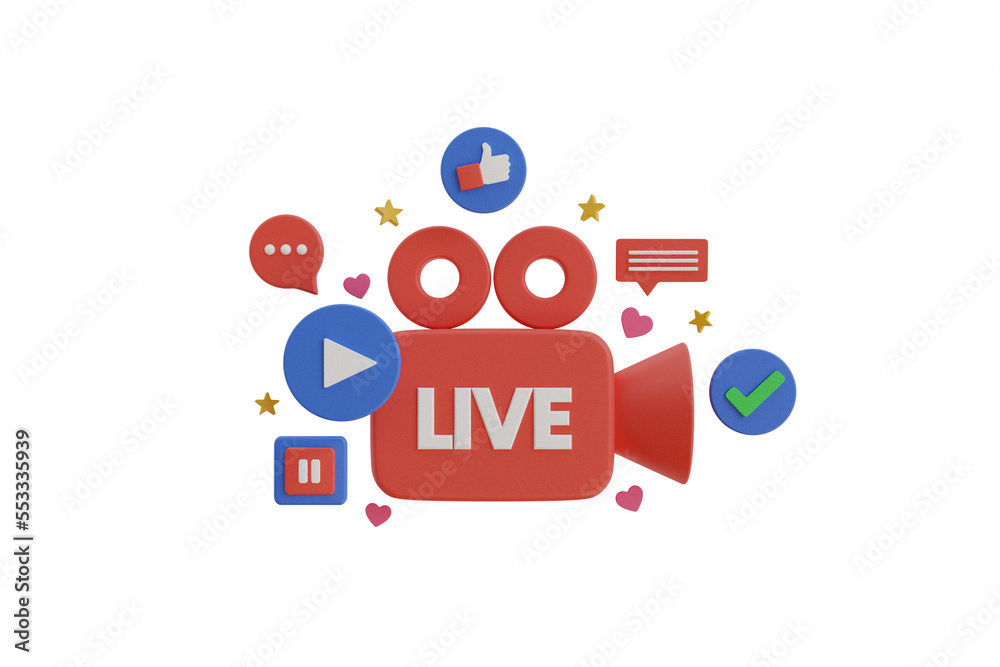 3D Live streaming Social media. Video Internet conference concept. Live stream, internet education. 3d rendering