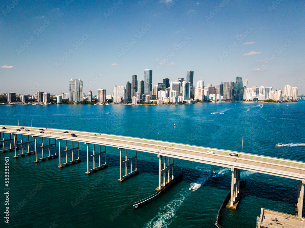 Miami city skyline from Key Biscayne bridge