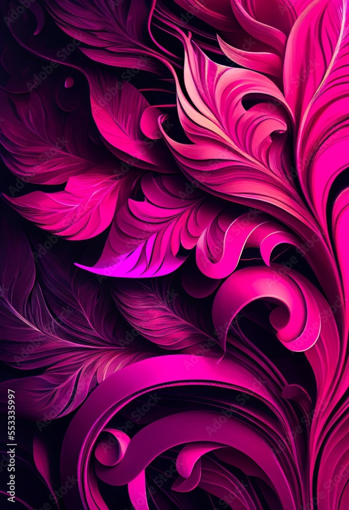Floral magenta ornamental plant abstract background. Decorative plant leaves, fuchsia pink texture. Vertical floral magenta botanical abstract pattern. - obrazy, fototapety, plakaty 