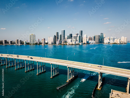 Miami city skyline from Key Biscayne bridge
