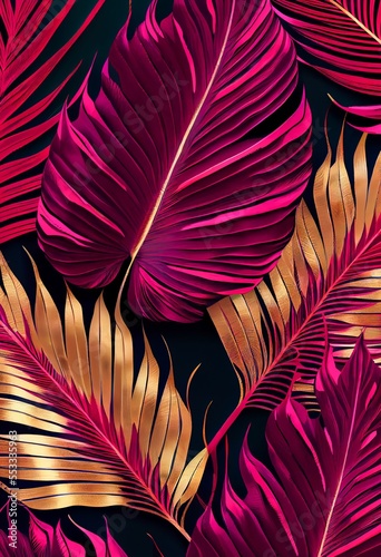 Floral gold magenta palm abstract background. Decorative tree leaves, fuchsia pink and golden shiny texture. Vertical Floral gold magenta palm abstract pattern.