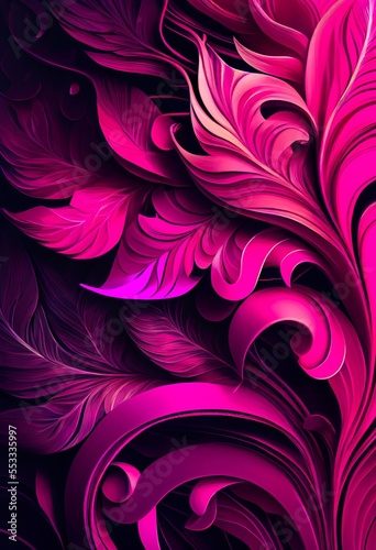 Floral magenta ornamental plant abstract background. Decorative plant leaves, fuchsia pink texture. Vertical floral magenta botanical abstract pattern.