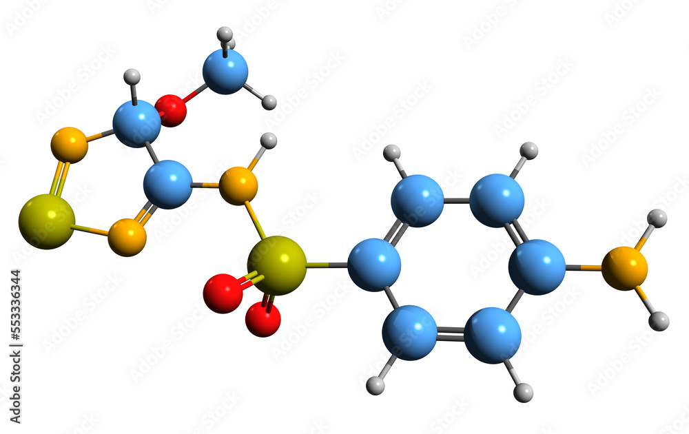 3D image of Sulfametrole skeletal formula - molecular chemical structure of sulfonamide isolated on white background 3D image of Sulfametrole skeletal formula - molecular chemical structure of sulfonamide isolated on white background