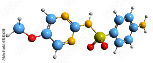  3D image of Sulfametoxydiazine skeletal formula - molecular chemical structure of sulfonamide isolated on white background 