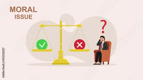 Confused businessman sitting with moral issue text