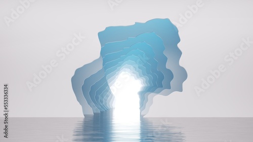 Fototapeta Naklejka Na Ścianę i Meble -  3d render, minimalist background with abstract blue shape, water, paper layers and light at the end of the tunnel