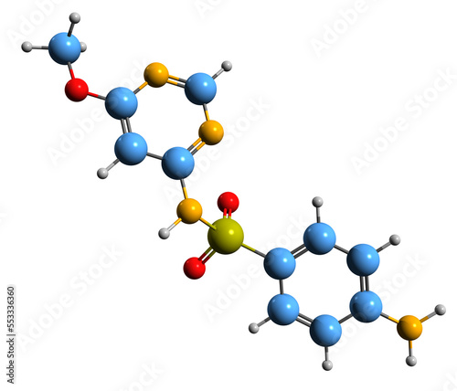  3D image of Sulfamonomethoxine skeletal formula - molecular chemical structure of sulfonamide isolated on white background
 photo