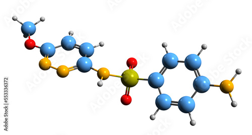  3D image of Sulfamethoxypyridazine skeletal formula - molecular chemical structure of sulfonamide isolated on white background
 photo